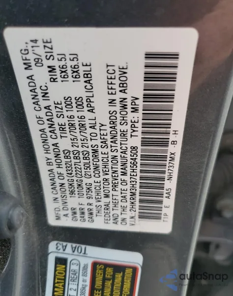 2014 Honda Cr-V Lx z USA, uszkodzony, nr VIN 2HKRM3H37EH564508